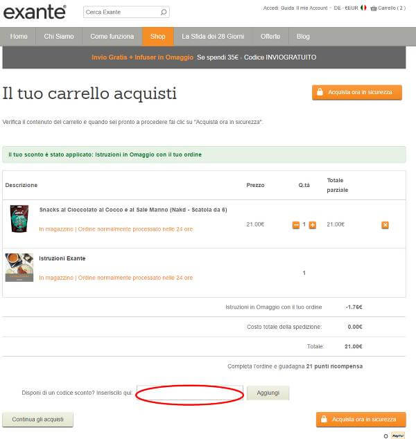 Riscuoti un codice sconto Exante